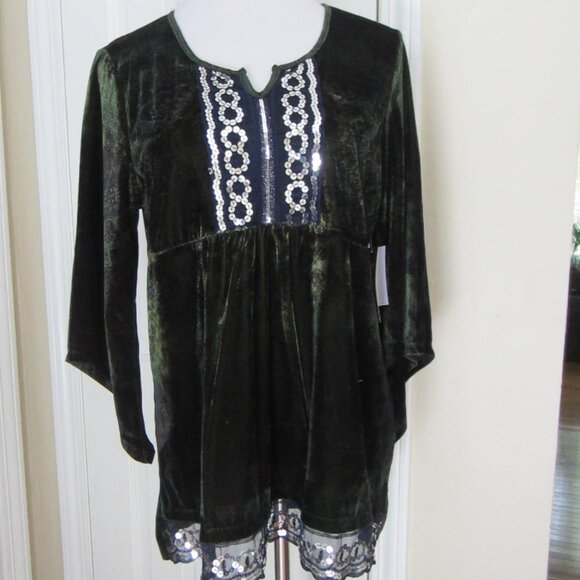NWT $45 UNITY WORLD WEAR Velvety Slow-Olive Embellished ¾ sleeve top – L - Picture 1 of 10